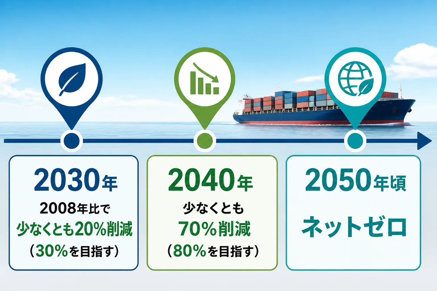 IMOの2023年GHG削減戦略の節目（2030年に20%以上、2040年に70%以上の削減、2050年頃にネットゼロ）を示すタイムライン