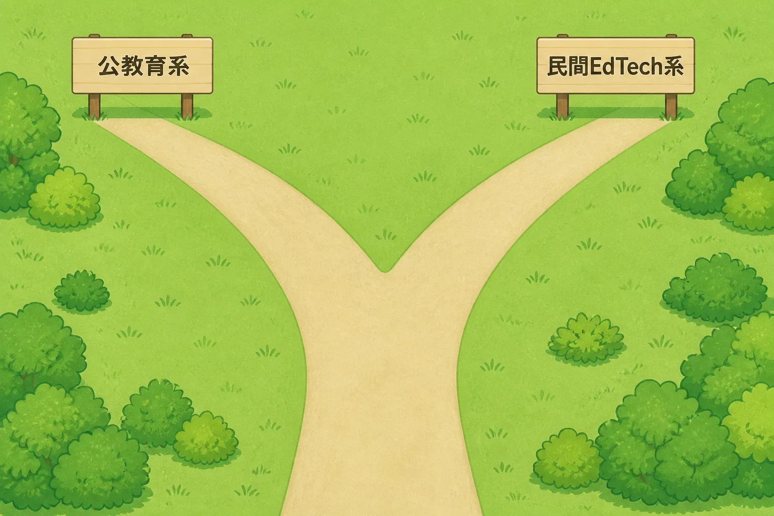公教育系と民間EdTech系で分岐する二つの道を示した図解。案件の系統によって求められるスキルが異なることを表す。