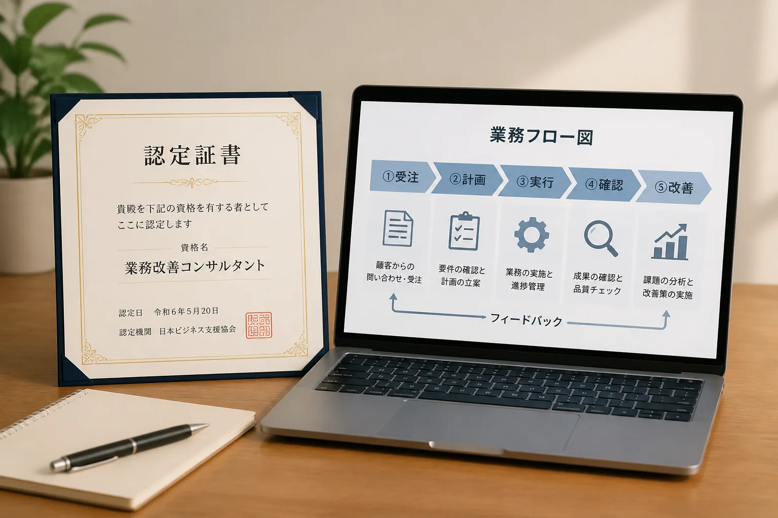 資格認定証と業務フロー図を示す提案資料のイメージ