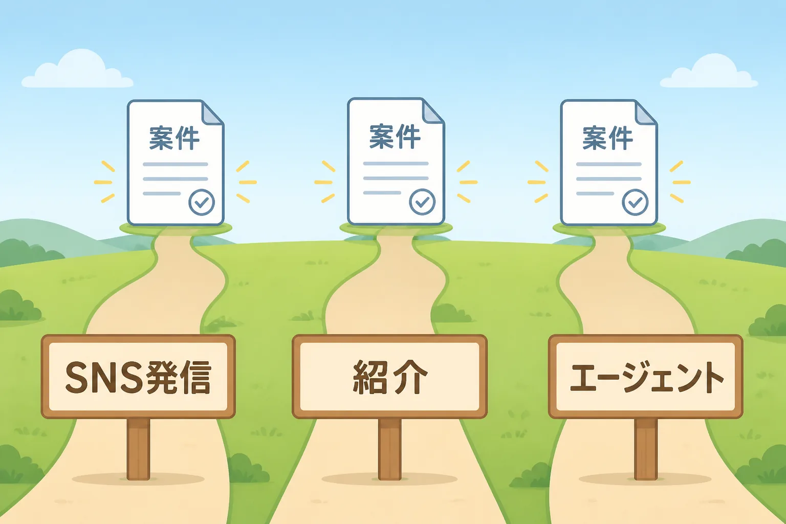 SNS発信・紹介・エージェント経由という3つの案件獲得チャネルを並べた比較イメージ