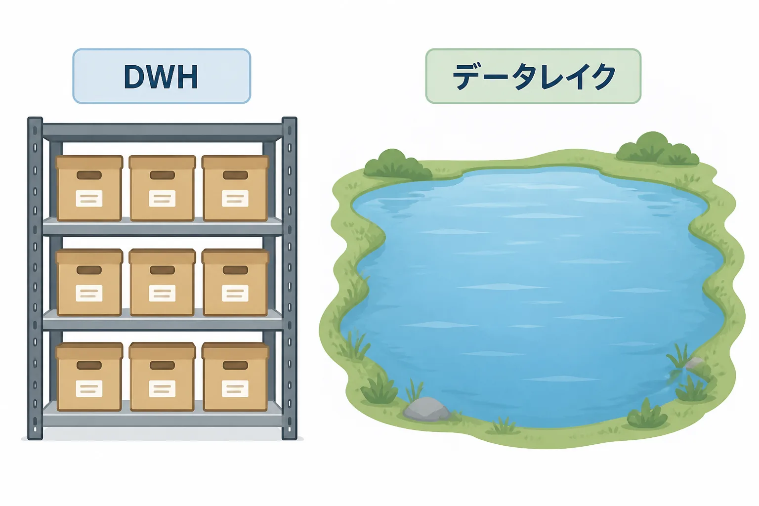 整理された棚で表すDWHと、区切りのない貯水池で表すデータレイクの違いを示す図解