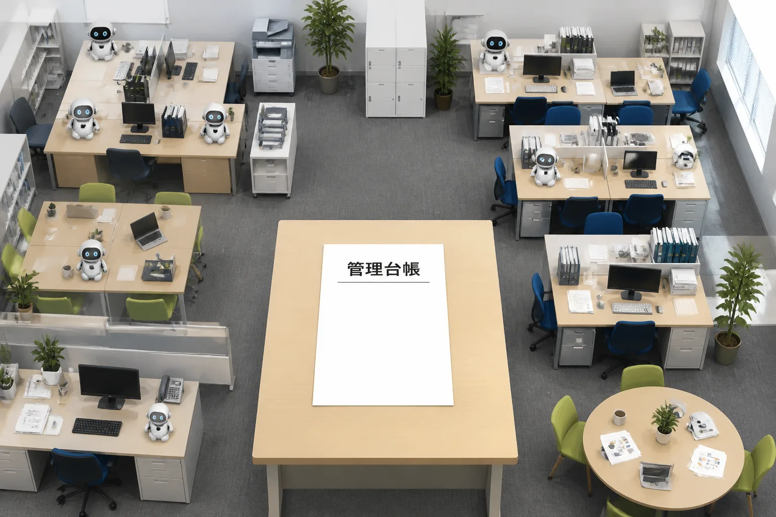 部署ごとに管理されないまま放置されたロボットのアイコンと、空欄の管理台帳。野良ロボット化のリスクを示すイメージ
