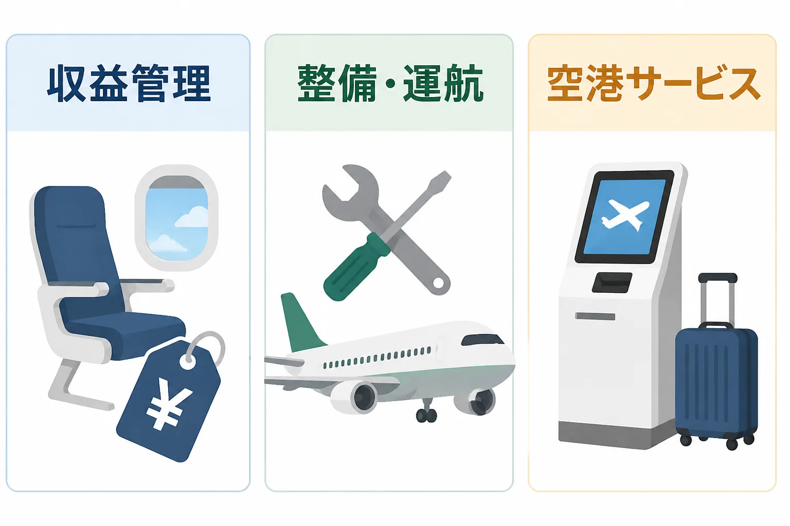 収益管理、整備・運航、空港サービスという航空会社の3つのコンサルテーマを3列に並べた図解