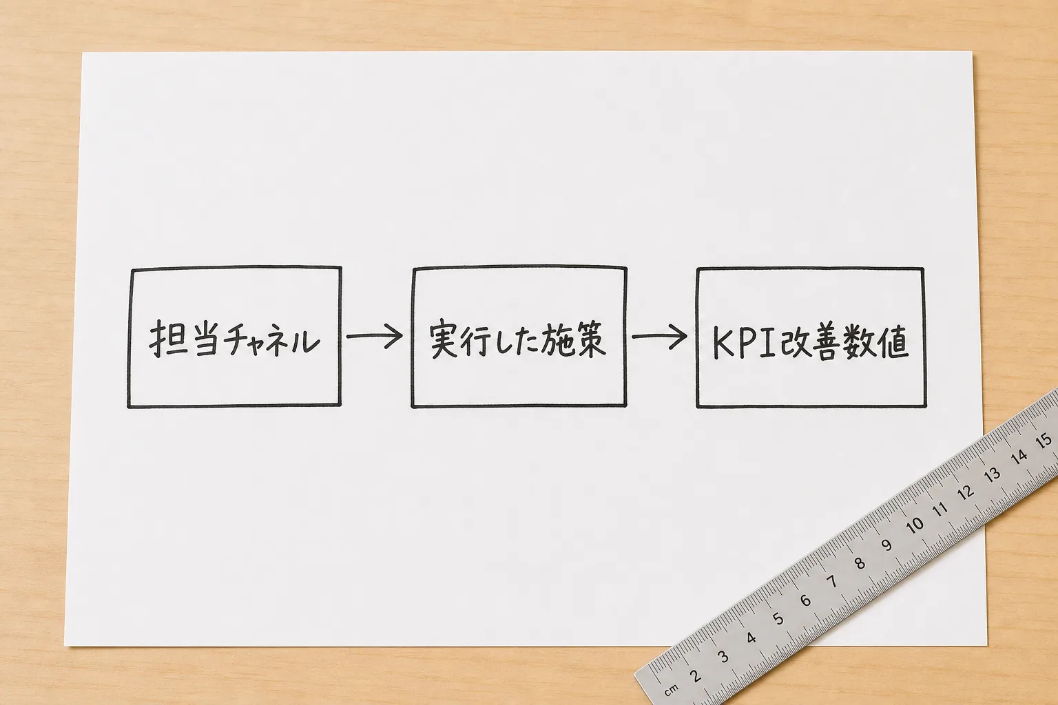 担当チャネル・実行した施策・KPI改善数値の順に実績を整理するフローを示す図解