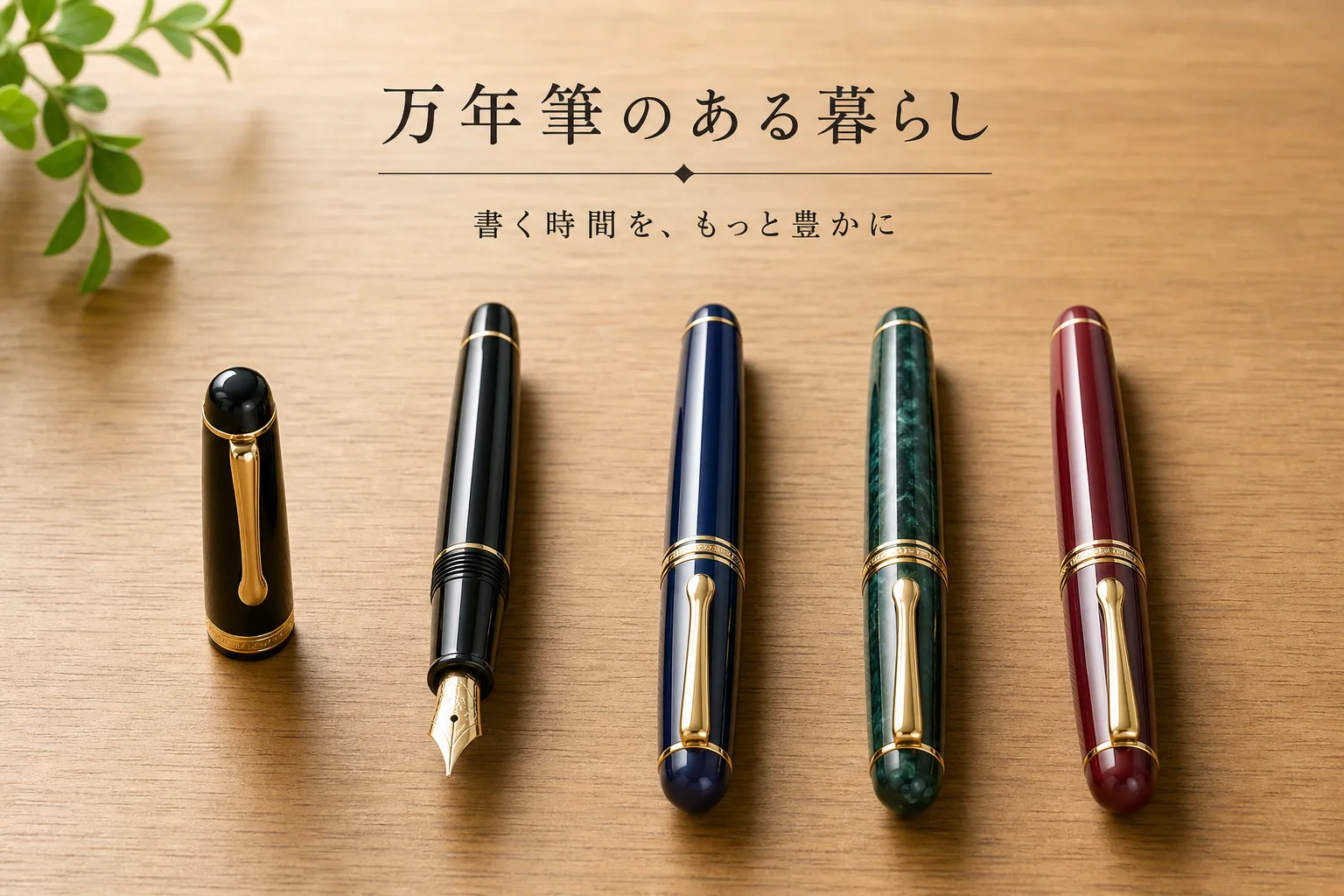横一列に並んだ4本の万年筆のうち、一番左の1本だけキャップが外れて立てられている様子