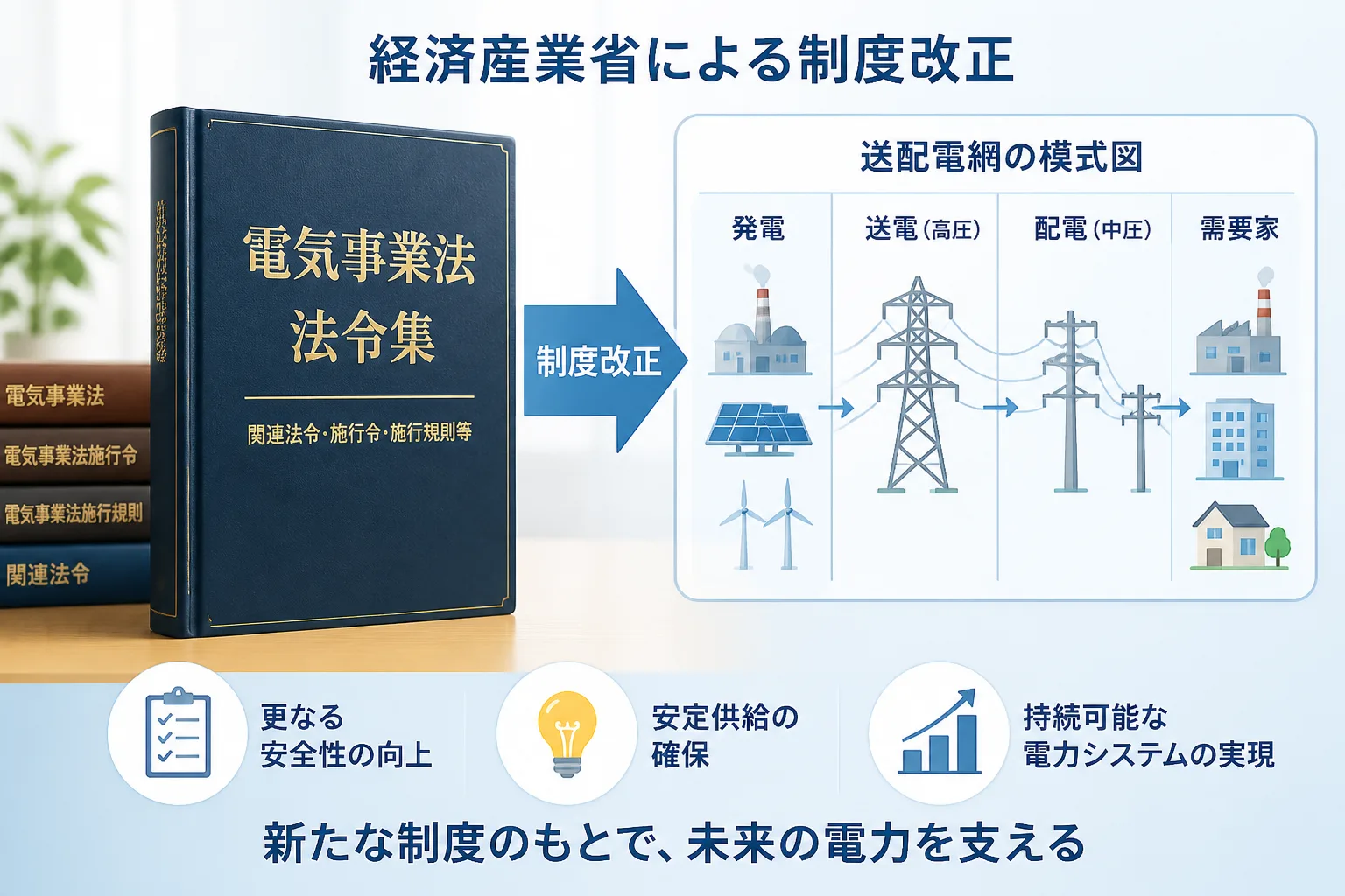 電気事業法や資源エネルギー庁の制度改正を象徴する法令集と送配電網の模式図