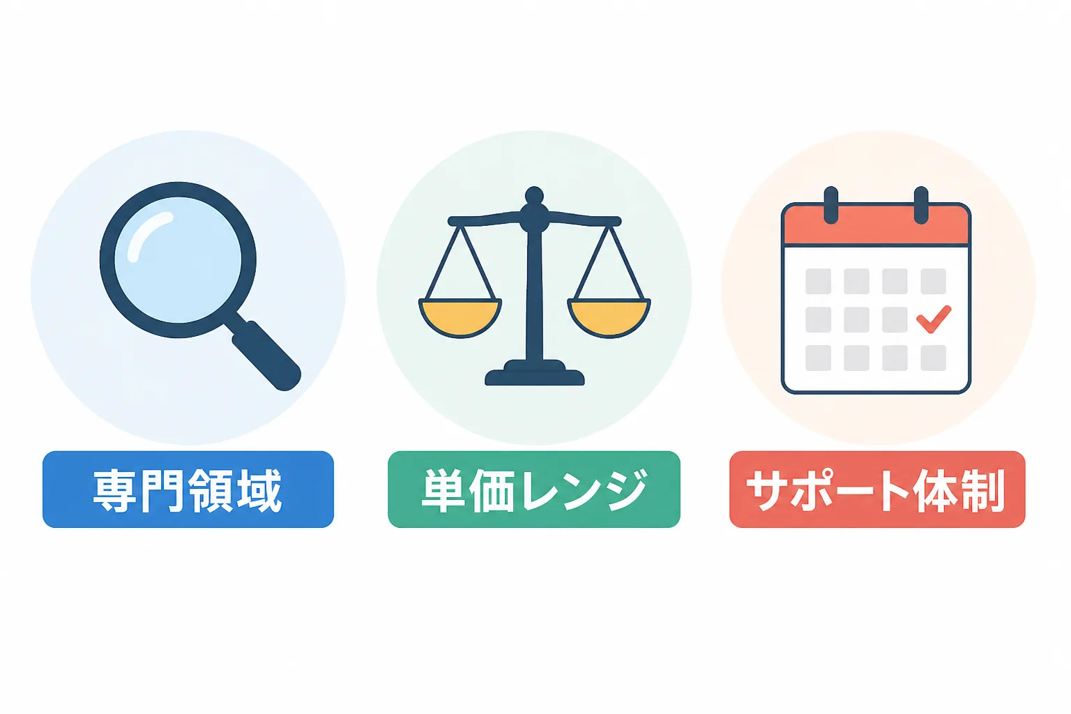 専門領域・単価レンジ・サポート体制の3つの比較軸をアイコンとラベルで示した図解。