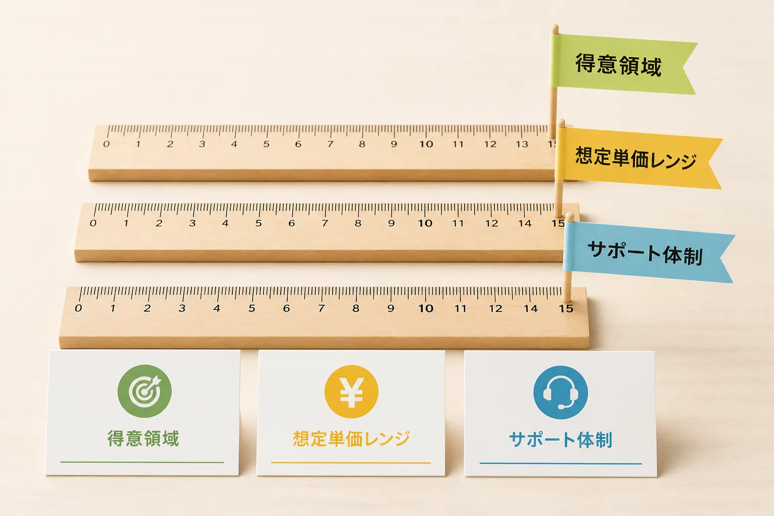 得意領域・想定単価レンジ・サポート体制の3つの軸でエージェントを比較することを示す図解。