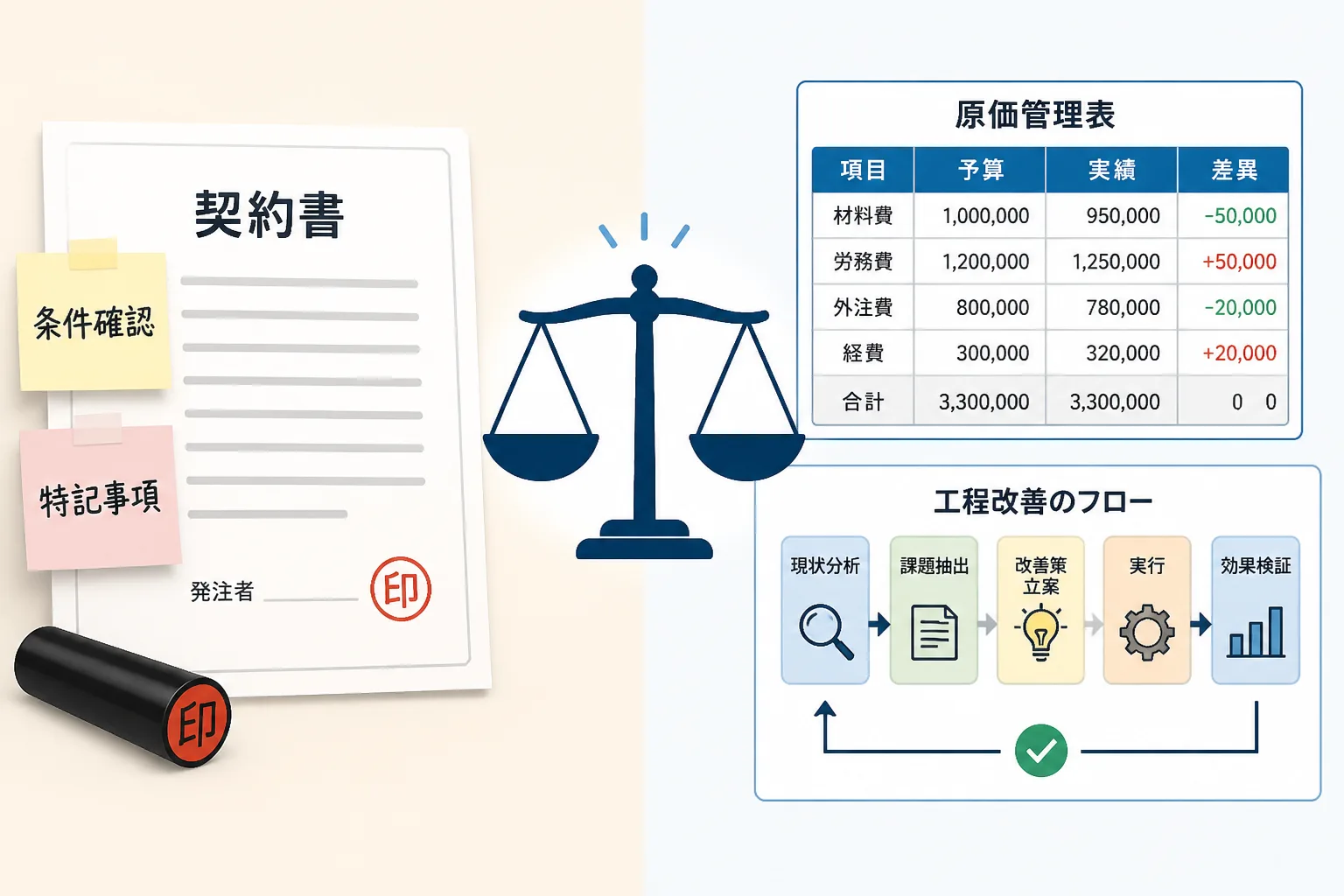 商談で確認される契約条件と原価管理・工程改善の論点を左右に対比させた図解