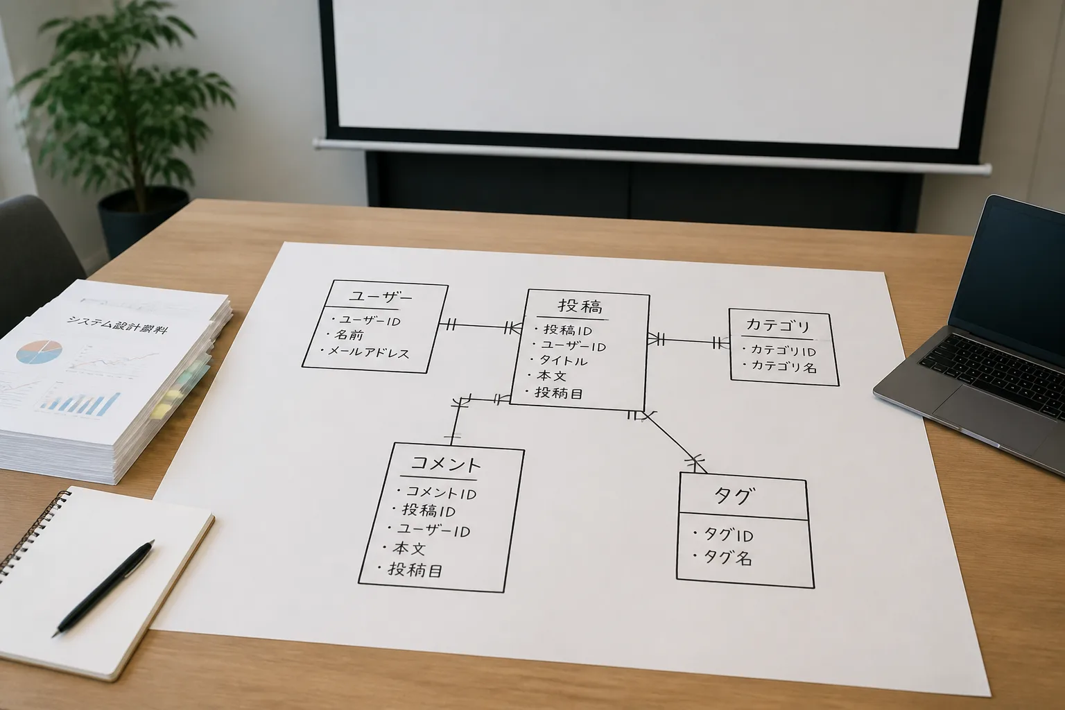 会議室のテーブルに広げられた手書きのER図