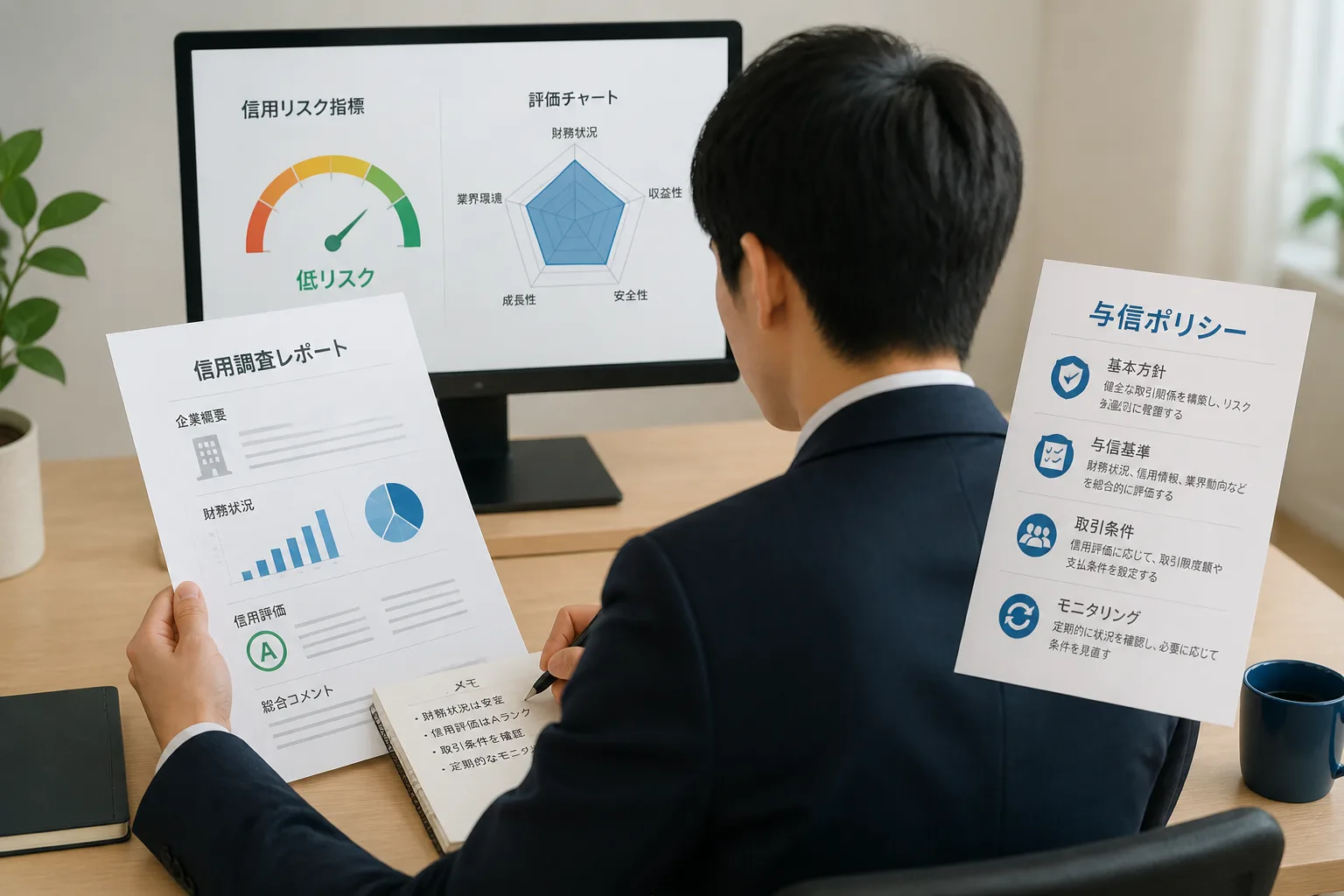 信用調査レポートと与信ポリシー資料を見比べて実績づくりに取り組む後ろ姿の人物