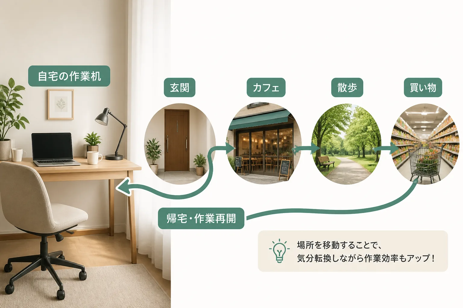 自宅の作業机とクライアント先の会議室を対比し、間に移動経路を示す図解