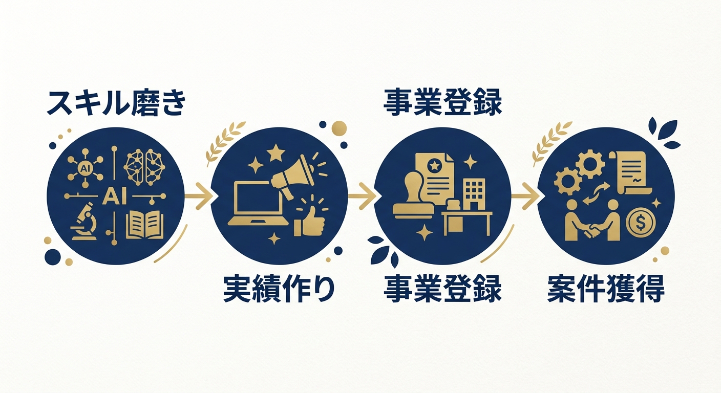 フリーランスAIコンサルタントへの転向ステップを示すフローチャート風イラスト