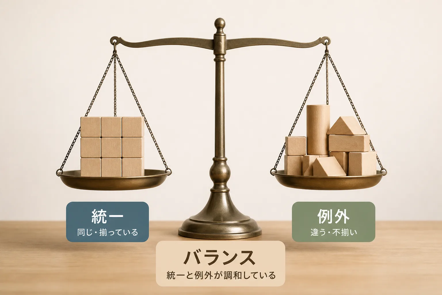 天秤の片方に揃ったブロック、もう片方に不揃いなブロックが乗ってつり合っている、標準化と柔軟性のバランスを表すイメージ