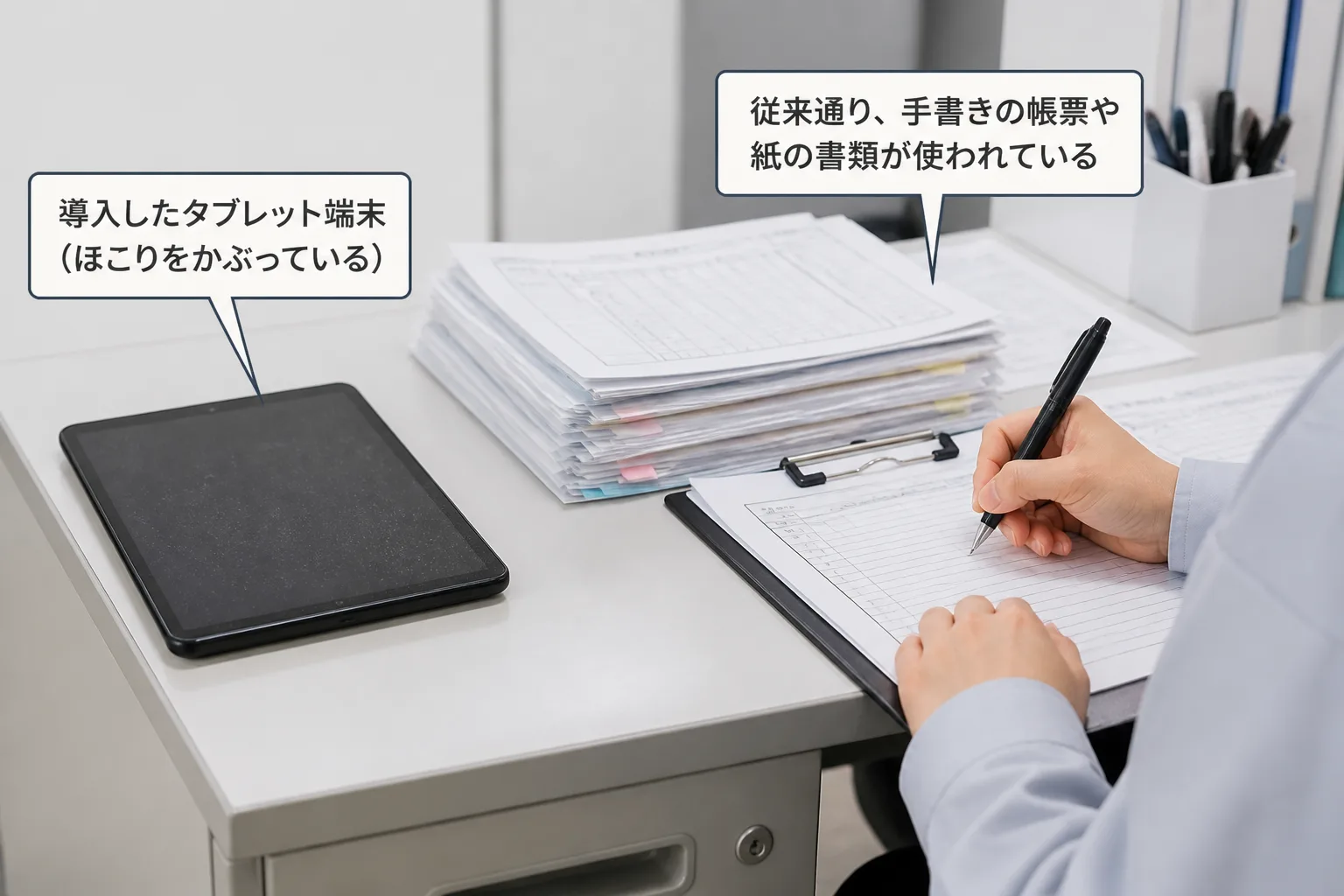 導入したツールが使われないまま放置され、従来の紙の運用が続いている現場の様子