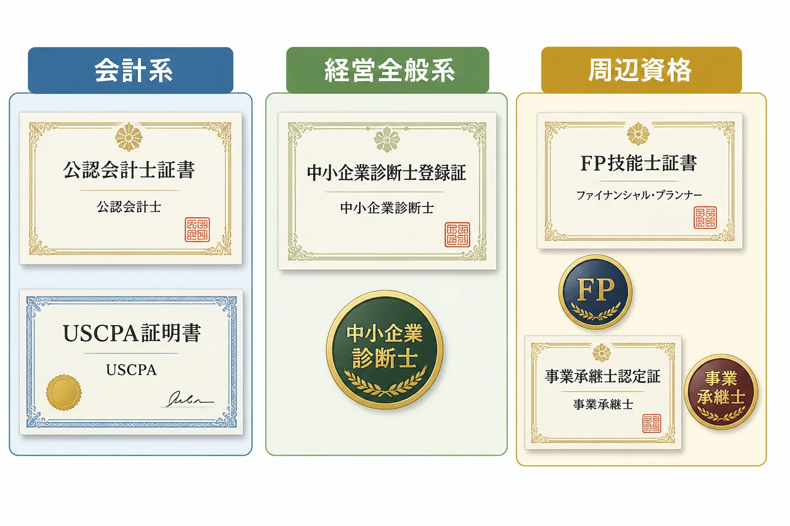公認会計士・中小企業診断士・FPなどの資格を「会計系」「経営全般系」「周辺資格」の3グループに分けて並べた比較図