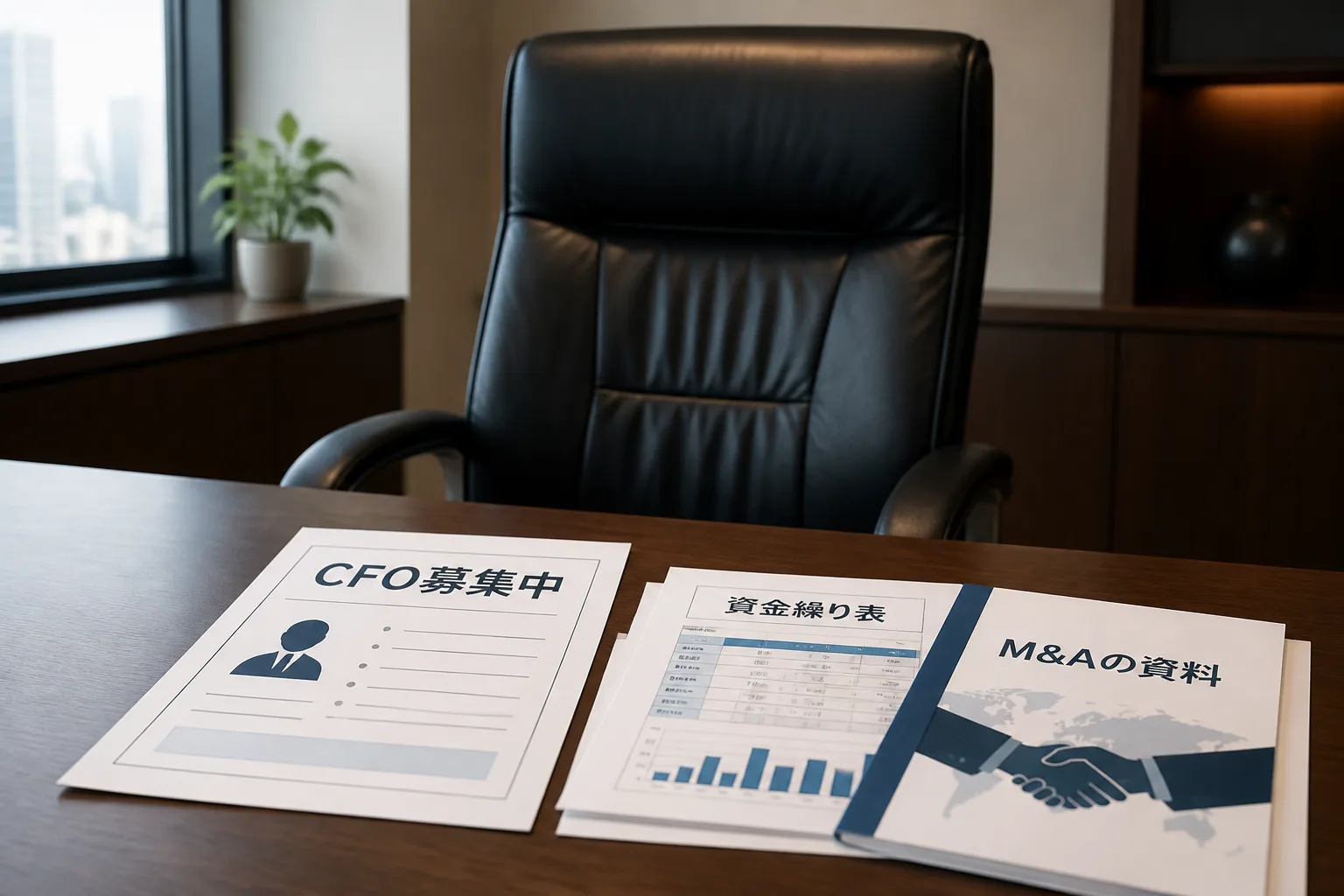 空席の役員椅子と求人票、資金繰り表やM&A資料が机に置かれ、CFO人材不足を表す情景