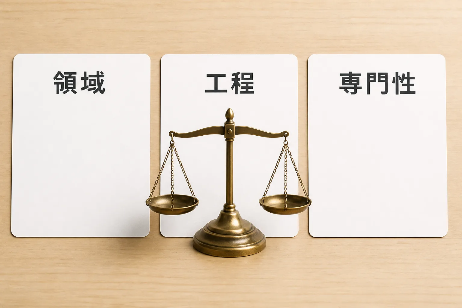 領域・工程・専門性の3つのカードを天秤の周りに並べ、農業案件の単価を左右する要因を示す図解。
