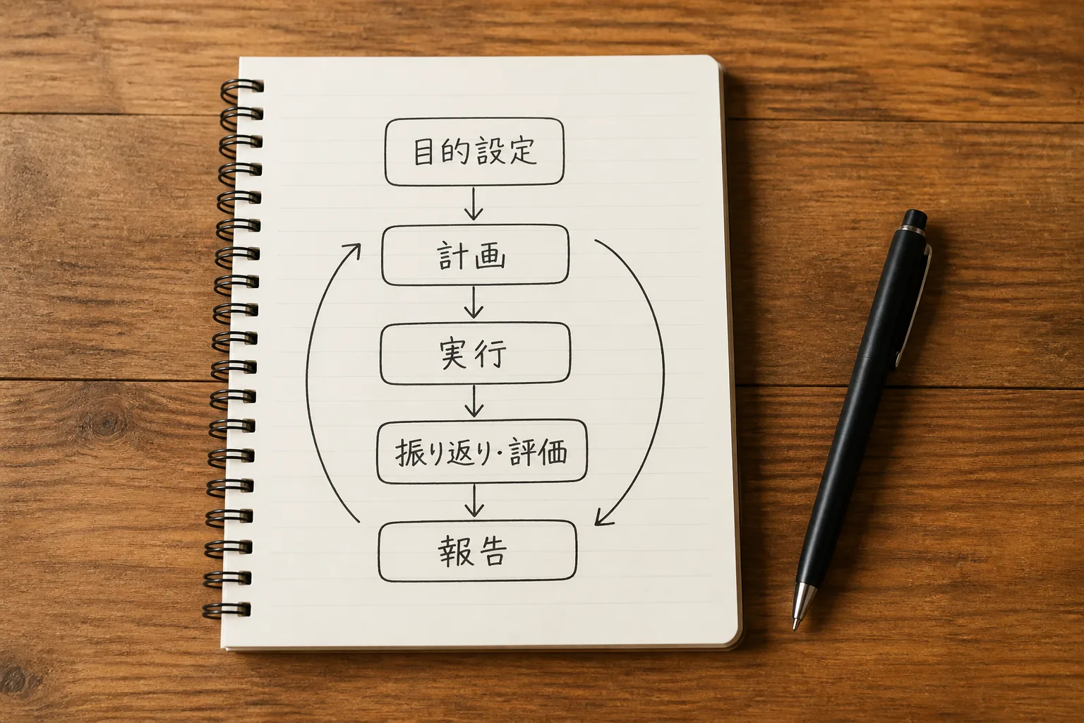 支援先への説明資料として使う、手描きの工程図が描かれたノートが机の上に置かれた情景