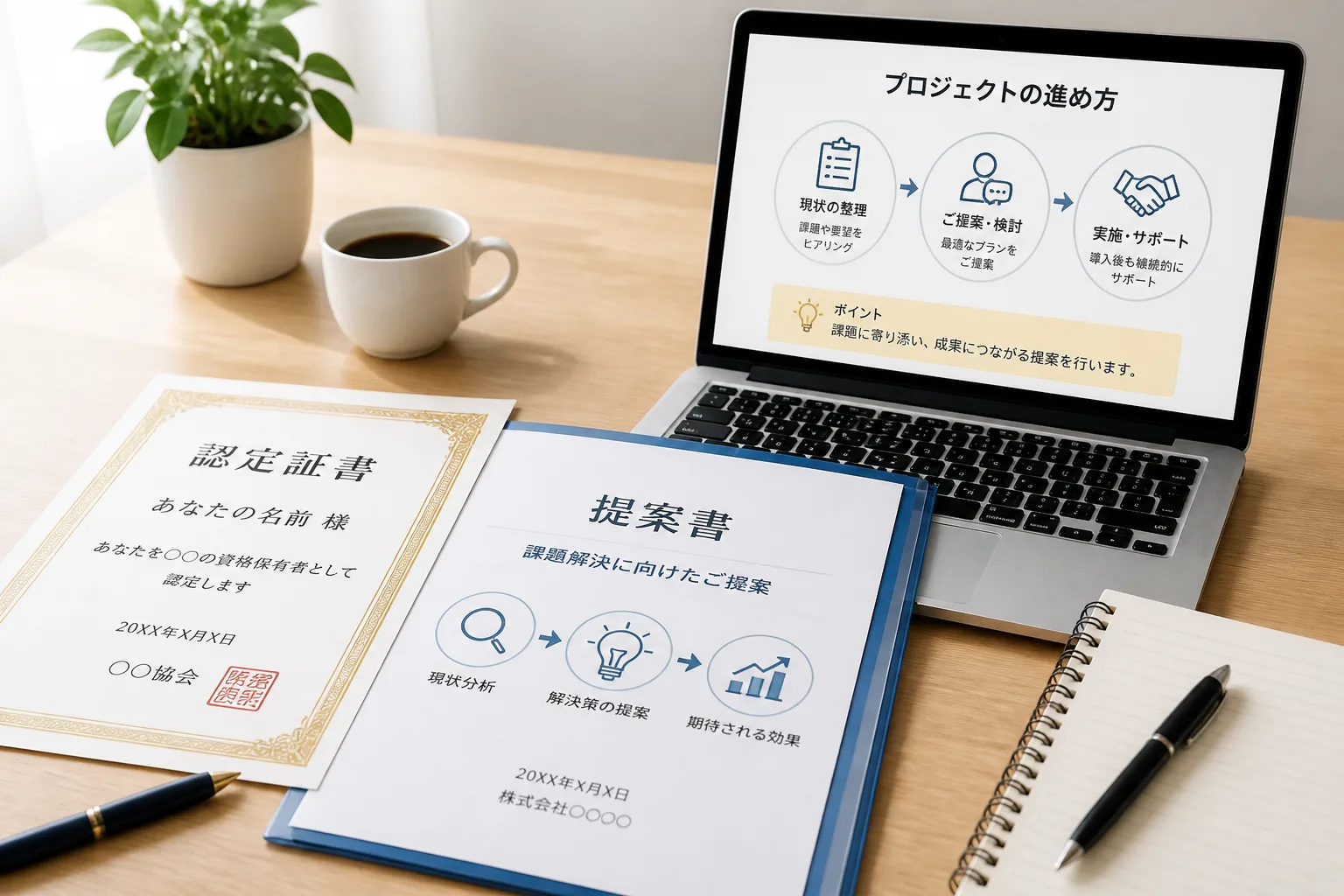 認定証書と提案資料、資料共有中のノートパソコンが並ぶ、独立コンサルタントの商談準備を表すイメージ