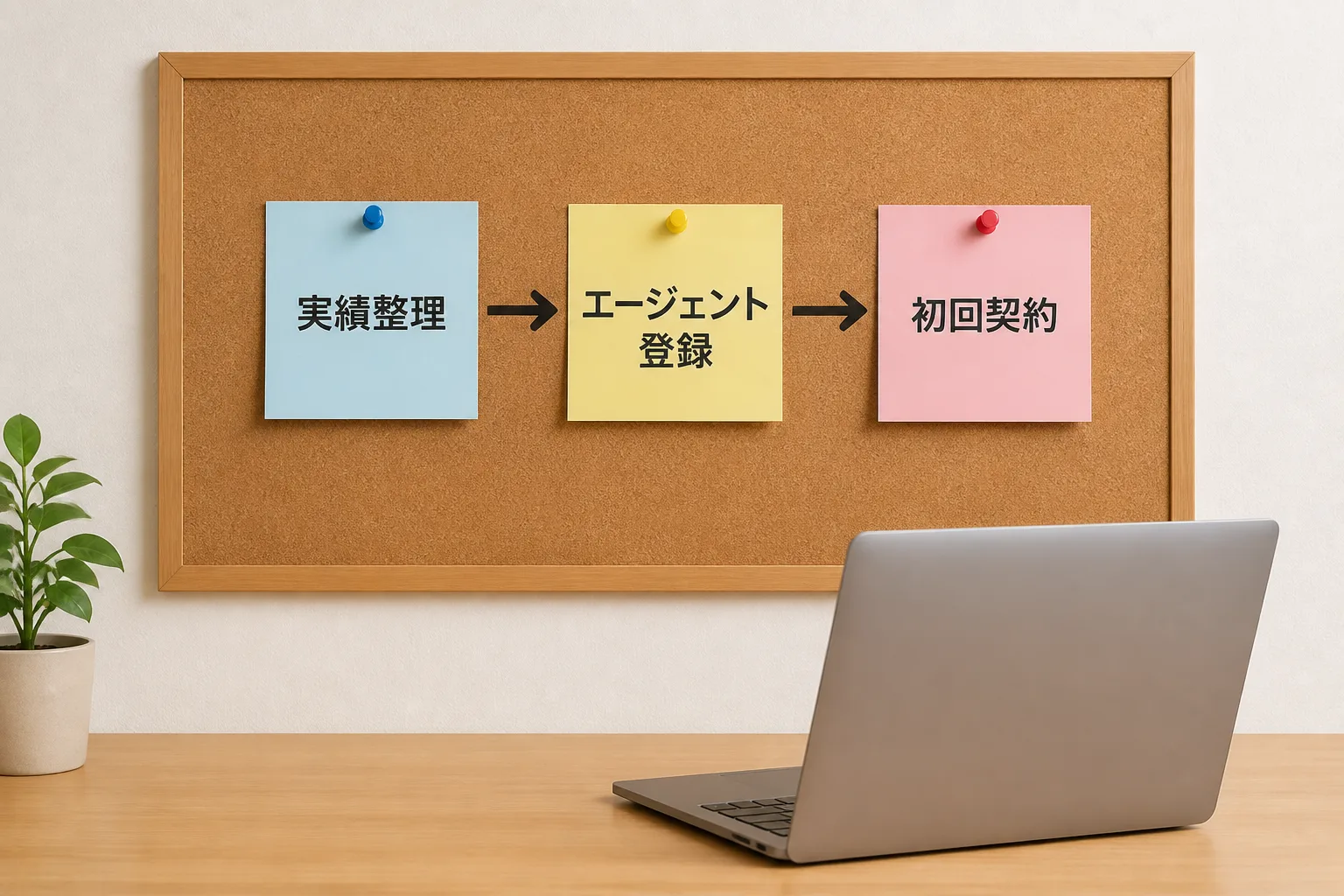 独立準備から初回契約までの3ステップ（実績整理→エージェント登録→初回契約）を示すホワイトボードの図解