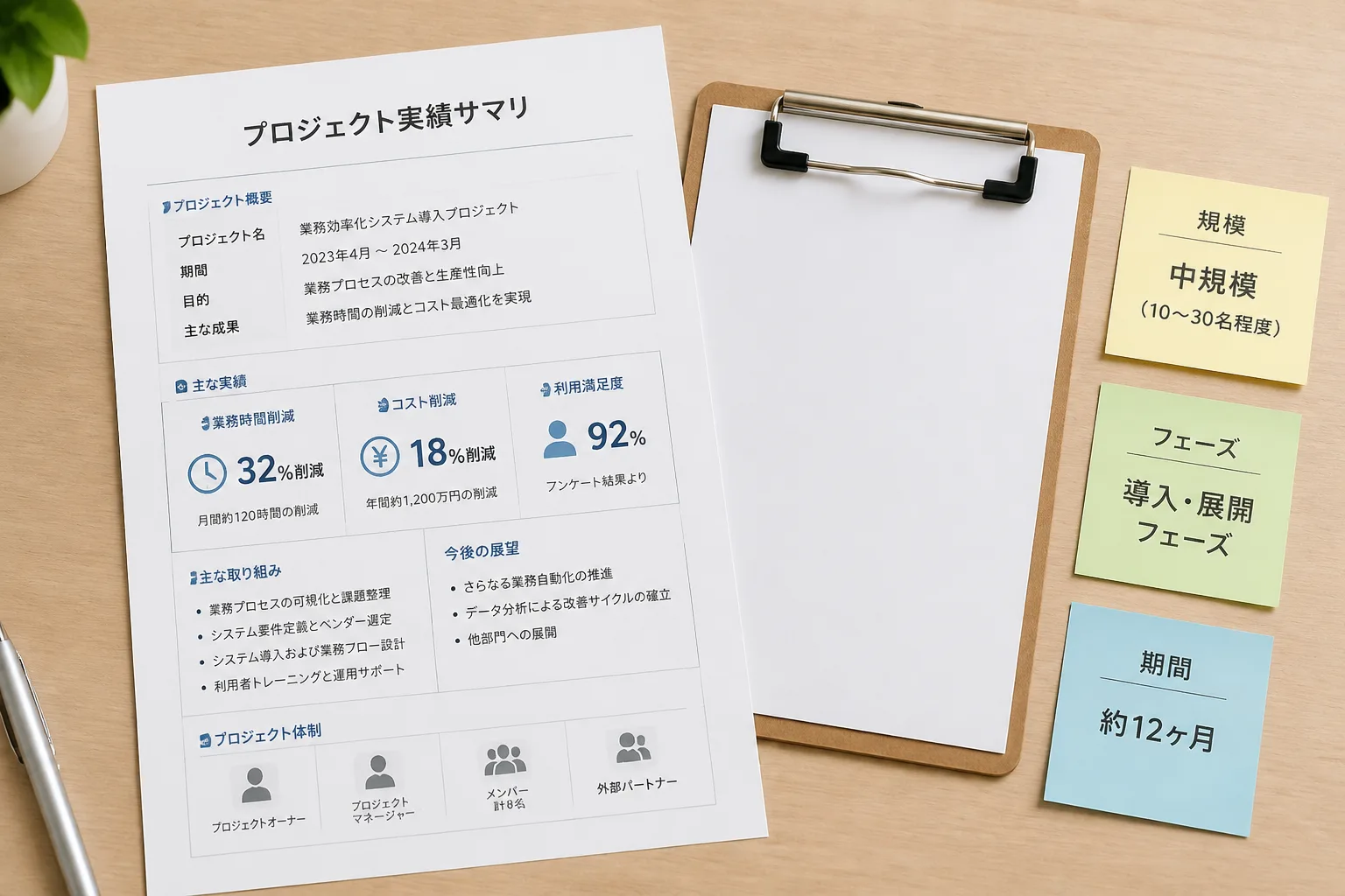 実績サマリをまとめた用紙とプロジェクトのフェーズを示す付箋が置かれた机のイラスト