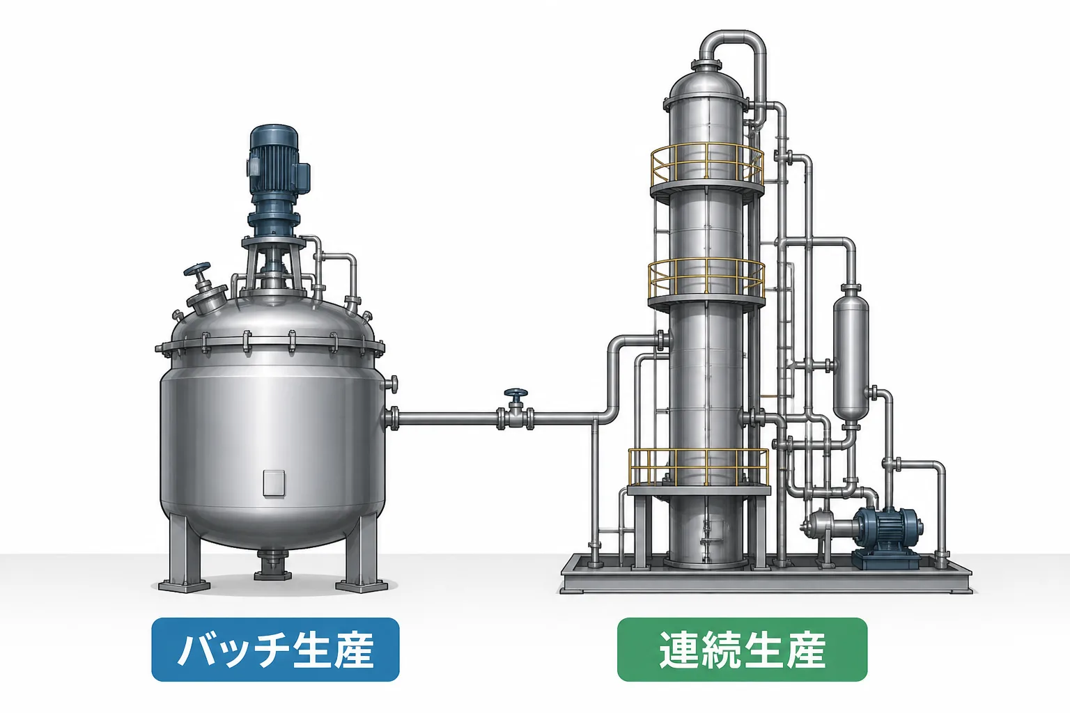 バッチ生産の反応槽と連続生産の蒸留設備を並べて比較した図解