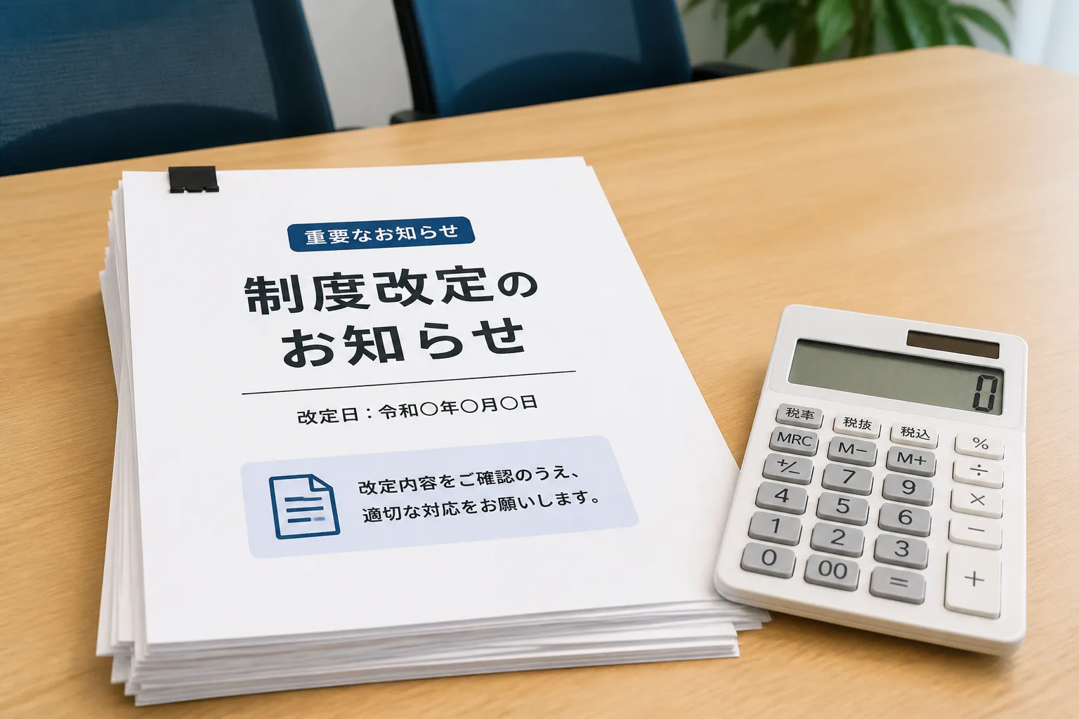 制度改定の通知書類と電卓、右肩上がりの折れ線グラフが並ぶ情景。介護事業者の経営改善ニーズの高まりを表す図解。