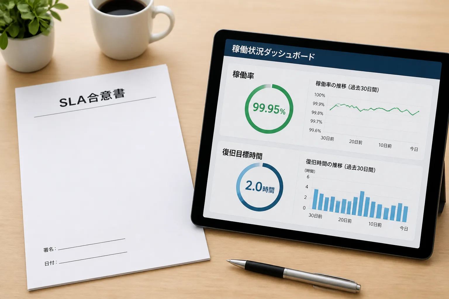 稼働率や復旧目標時間の数値が表示されたSLA管理ダッシュボードとSLA合意書