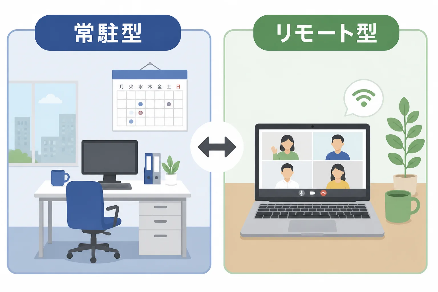 内部統制コンサルタントの常駐型とリモート型という2つの働き方の違いを対比した図解