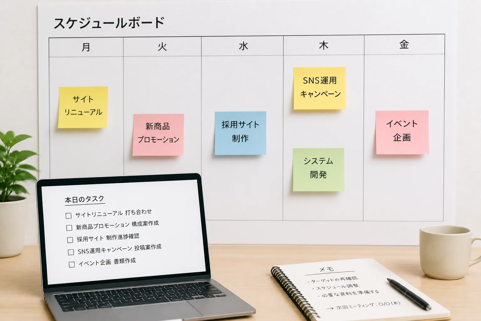 複数の案件名の付箋が貼られたスケジュールボードとノートパソコンのある机のシーン