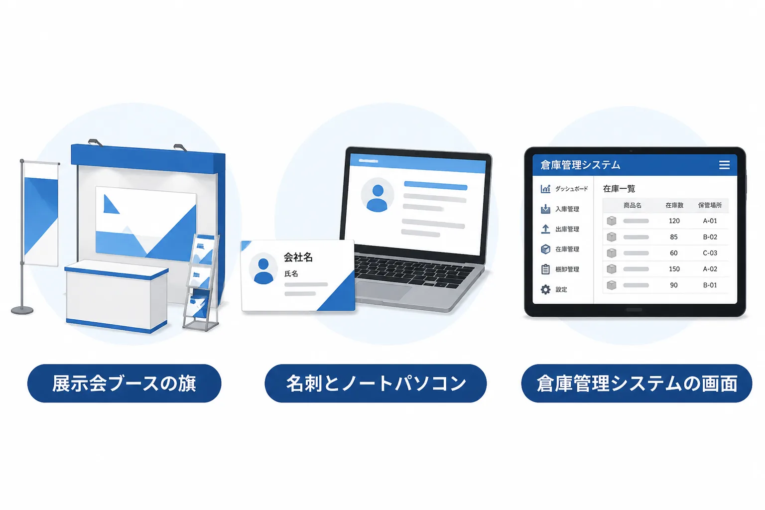 展示会の旗、名刺とノートパソコン、システム画面付きタブレットの3つのアイコンを横並びにした、案件獲得の3つのチャネルを表す図解