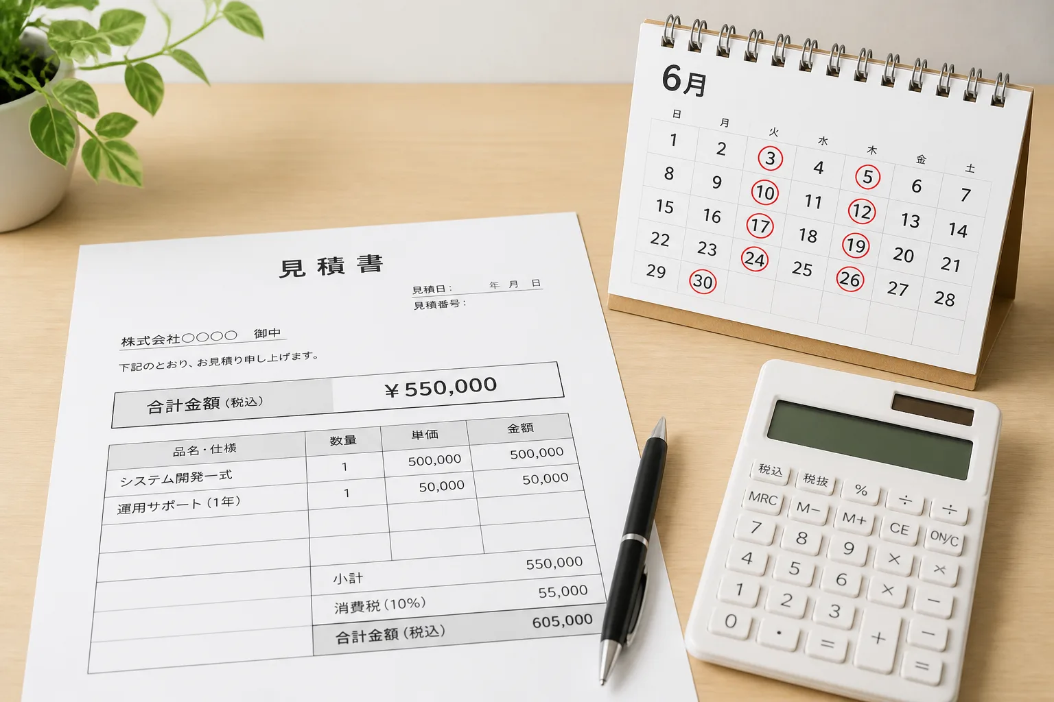 見積書と電卓、稼働日に印を付けたカレンダーが置かれたデスクの様子