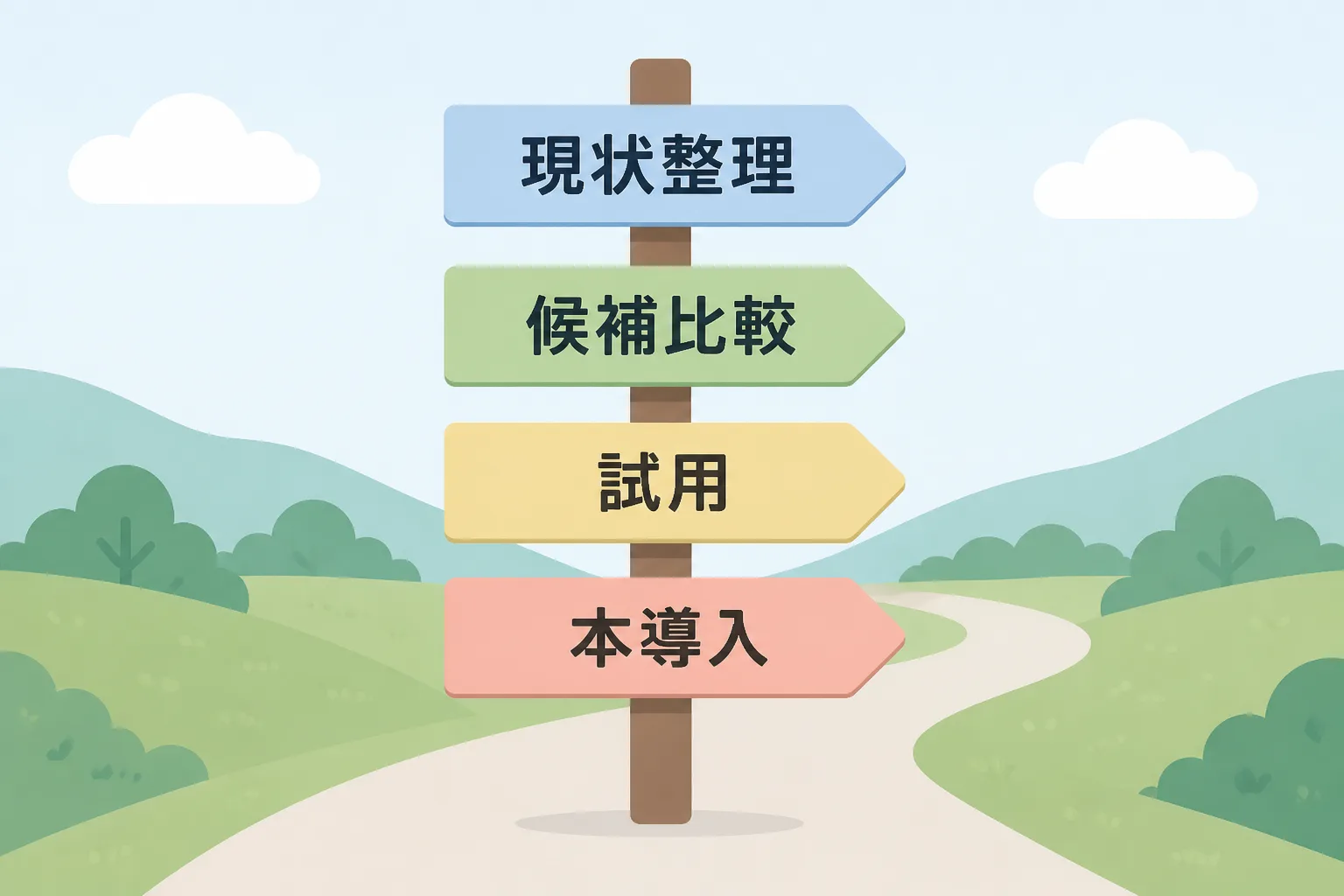 現状整理・候補比較・試用・本導入の4段階を道標で示した導入フローの図