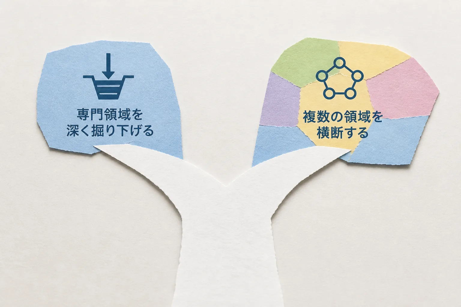 専門特化型と越境型という2つのキャリアの分かれ道を示す図解