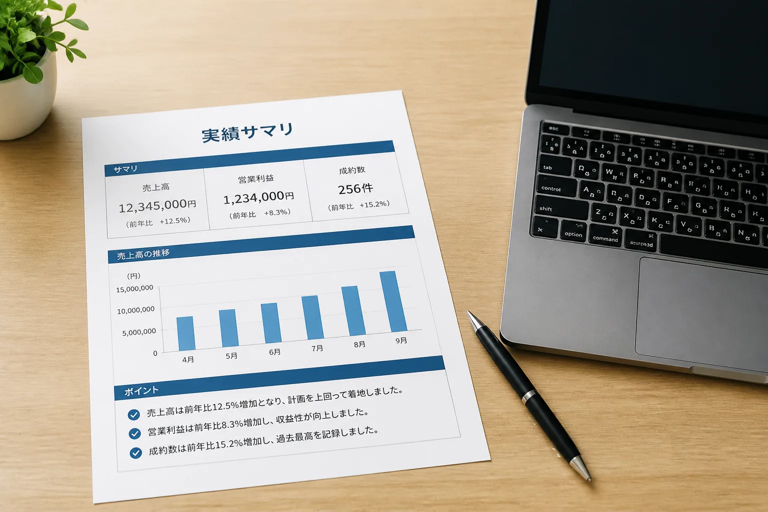 机に置かれた実績サマリシートとペン。提案資料の作り方をイメージした一枚