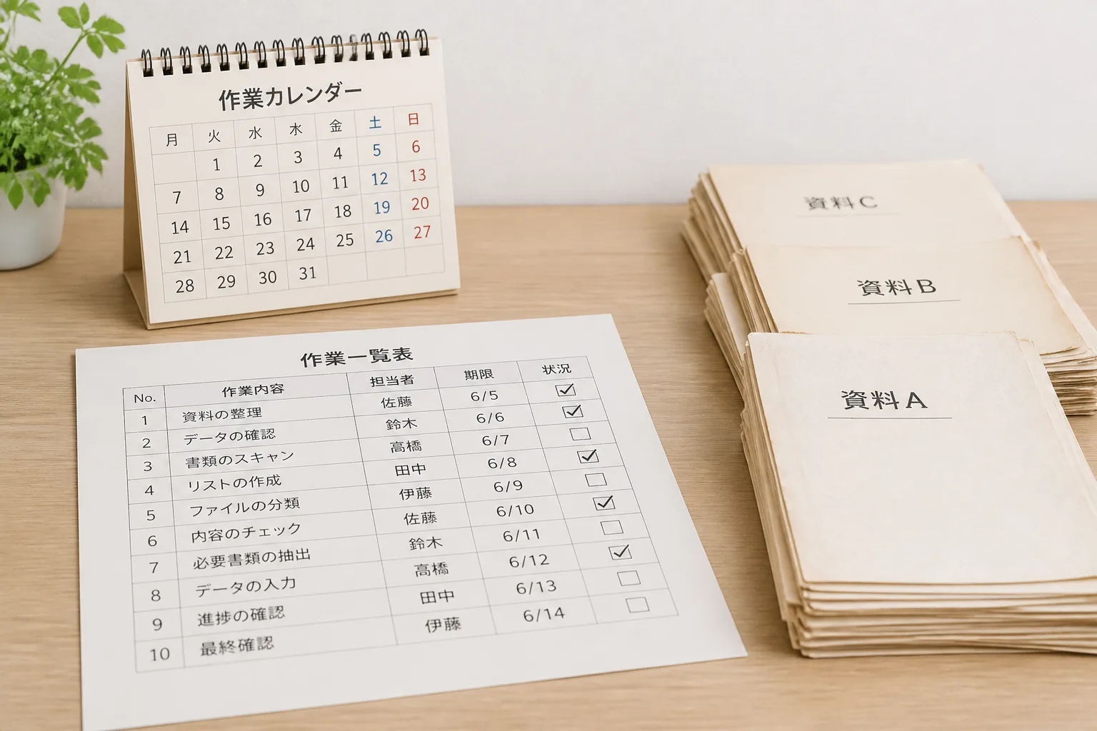 卓上カレンダーの横で、完了した行にチェックが入った一覧表と、脇に分けて置かれた古い用紙の束