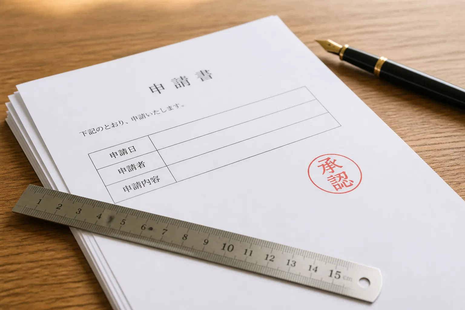 書類作成の代行と相談業務の境界線を象徴する、承認印の押された申請書類と定規の写真