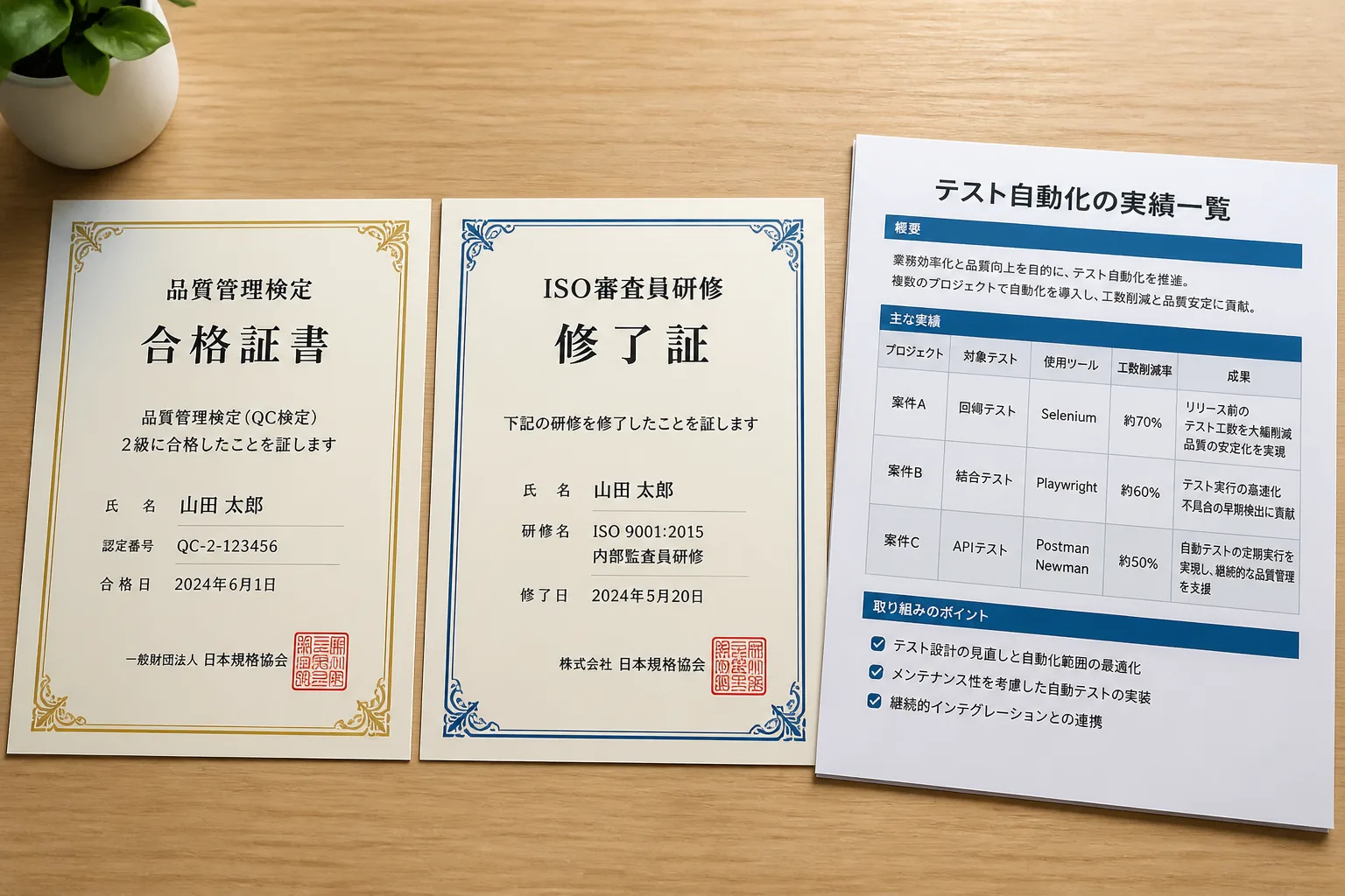 品質管理検定の合格証書、ISO審査員研修の修了証、テスト自動化実績のA4用紙が机に並ぶ。資格と実績の見せ方を示すイメージ