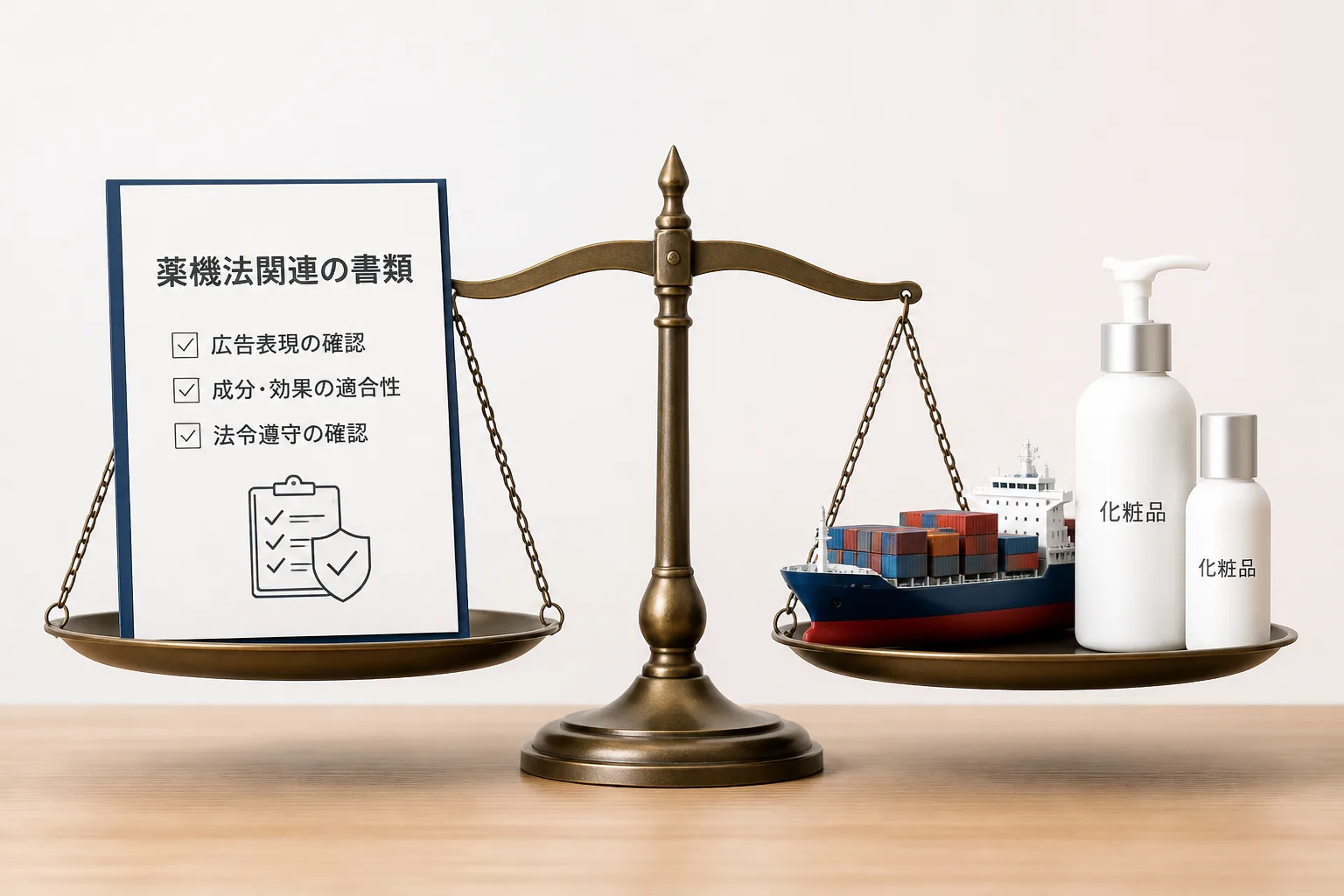 書類・貨物船の模型・大小の化粧品ボトルが天秤に載る情景。薬機法対応、海外展開実績、案件規模という3つの軸でエージェントを比較することを表す図解。