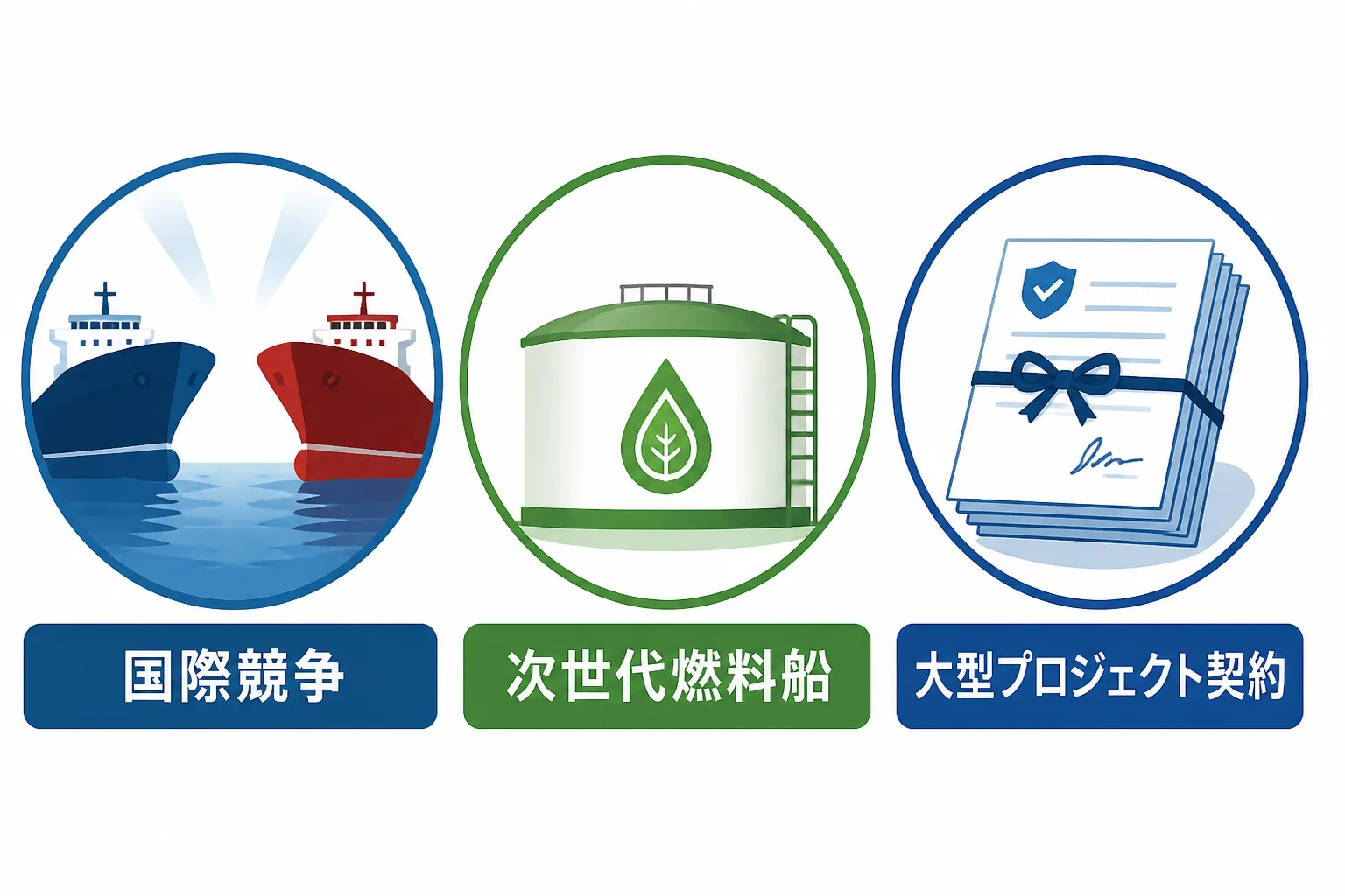 国際競争・次世代燃料船・大型プロジェクト契約という3つの要因を示すアイコンが並ぶ図解。造船業界コンサルタントの単価相場を左右する市場環境を表す。