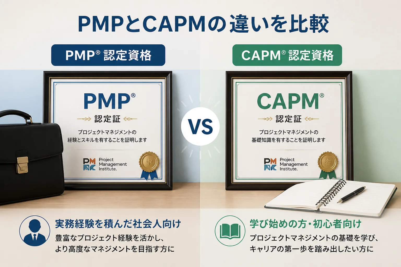 PMP資格とCAPM資格の対象者の違いを対比した図解。左に実務経験者を示すブリーフケース、右に学習段階を示すノートとペンを配置。