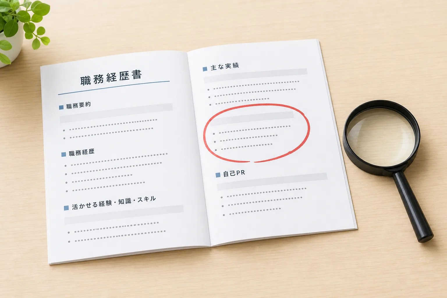 職務経歴書の1点だけが丸で囲まれ、虫眼鏡が添えられたイラスト。実務経験の見極めを表す