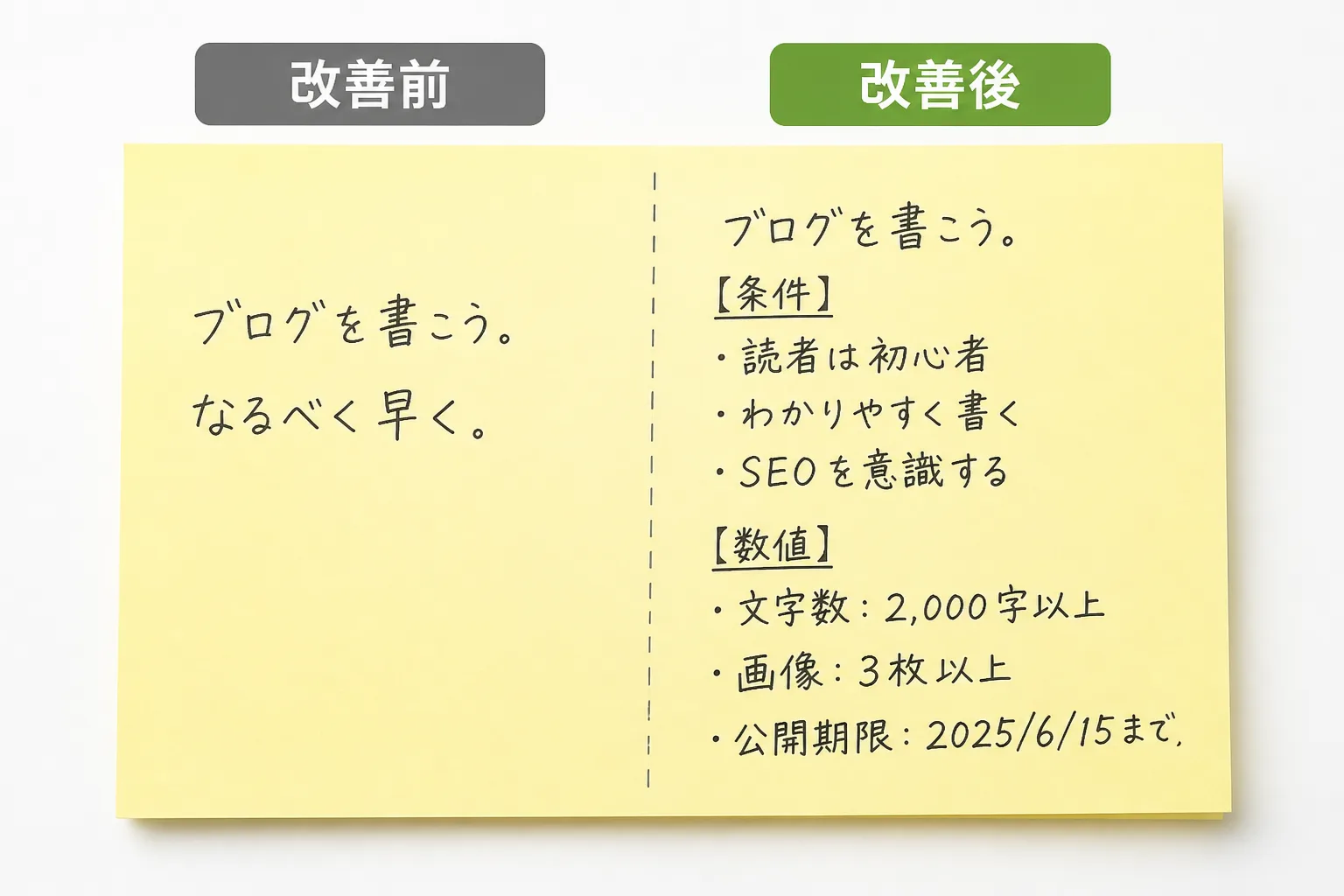 付箋を左右に分割し、左に曖昧な記載、右に条件・数値を加えた改善後の記載を並べて比較した図