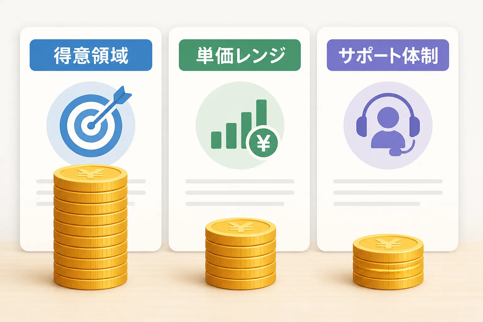 得意領域・単価レンジ・サポート体制の3つの軸で3社のエージェントを比較し、うち1社が一段高く積まれたコインで示されている図解。