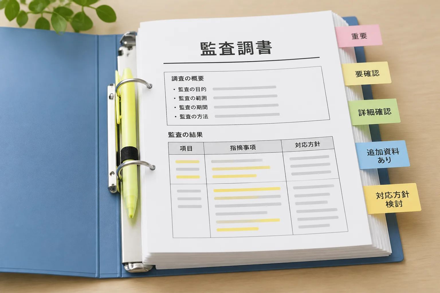 監査調書のファイルに付箋とハイライトペンを添えて実績を整理する机上の様子