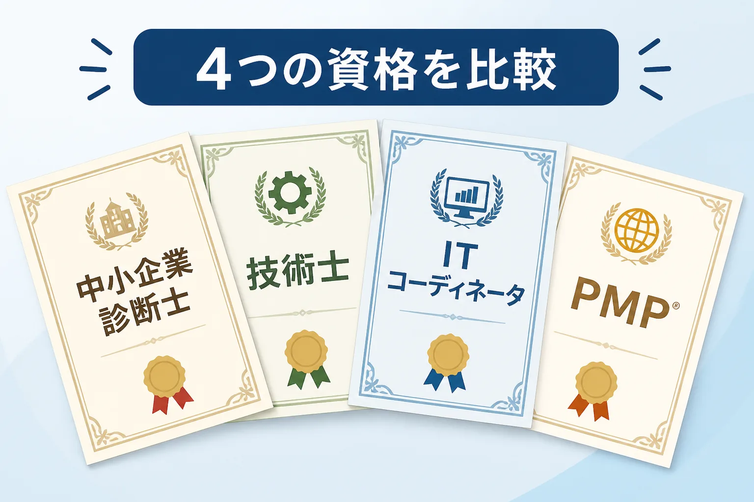 中小企業診断士・技術士・ITコーディネータ・PMPの4資格を並べて比較する図解