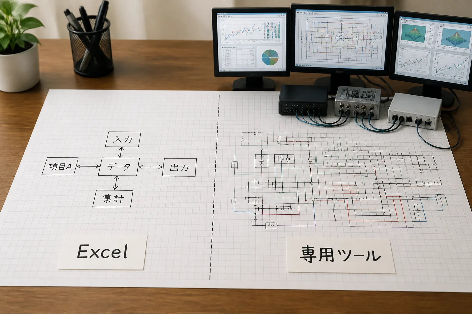 左にExcelで手描きした簡素な図、右に専用ツールで表示された複雑な図を対比させた構図。ExcelとER図専用ツールの違いを象徴する