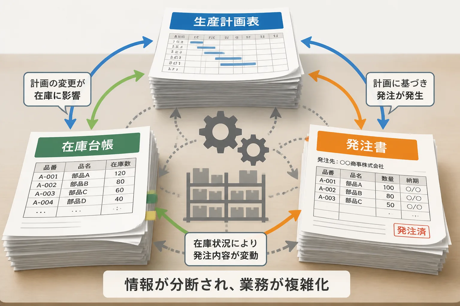 生産計画・在庫管理・発注業務が絡み合い複雑化する様子を示す図解