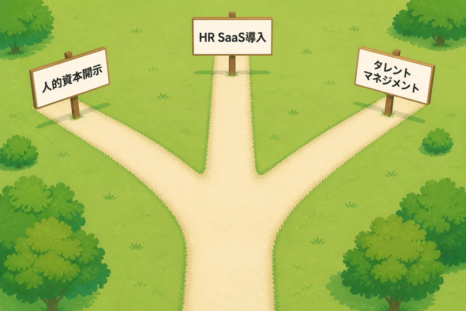 人的資本開示・HR SaaS導入・タレントマネジメントの3方向に分岐する道を示した図解。経験領域によって選ぶべきエージェントが異なることを表す。